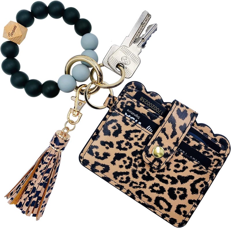 TSNSOEEO Keychain Wallet Wristlet Small Credit Card Holder Bracelet Key Chain Purse Bangle Tassel Beads Key Rings for Women - Image 1